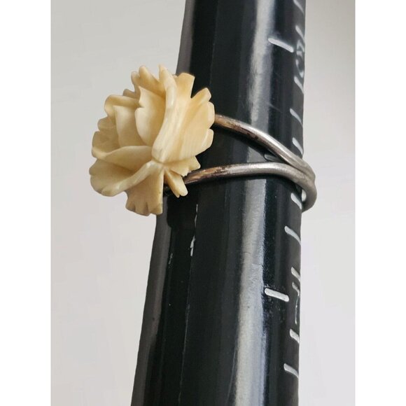 BEAU STERLING CREAM ROSE CELLULOID Ring VINTAGE ESTATE JEWELRY Size 6 RARE 925 - Picture 4 of 12